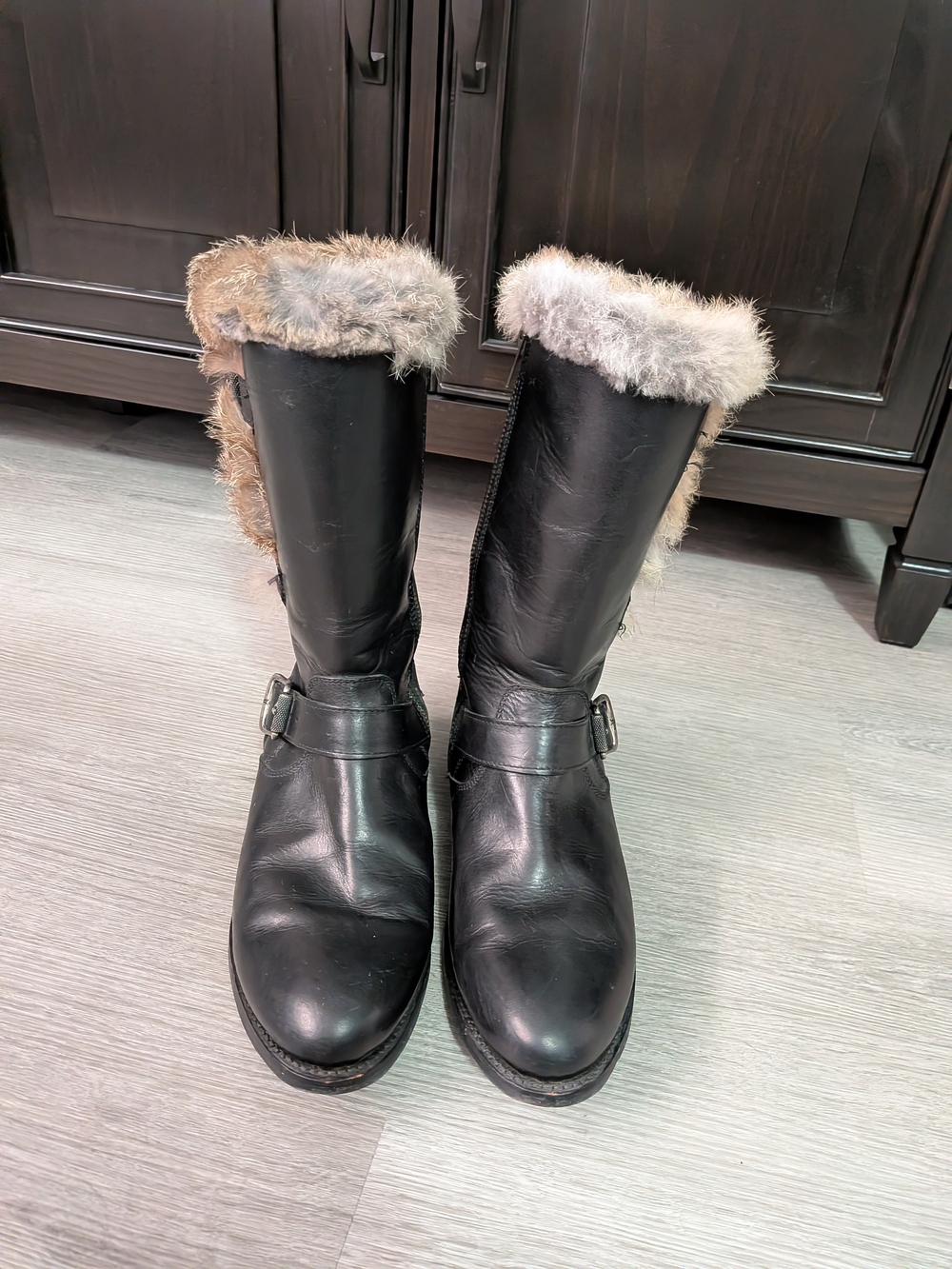 Frye Women's Black Leather Fur-Trim Mid-Calf Boots